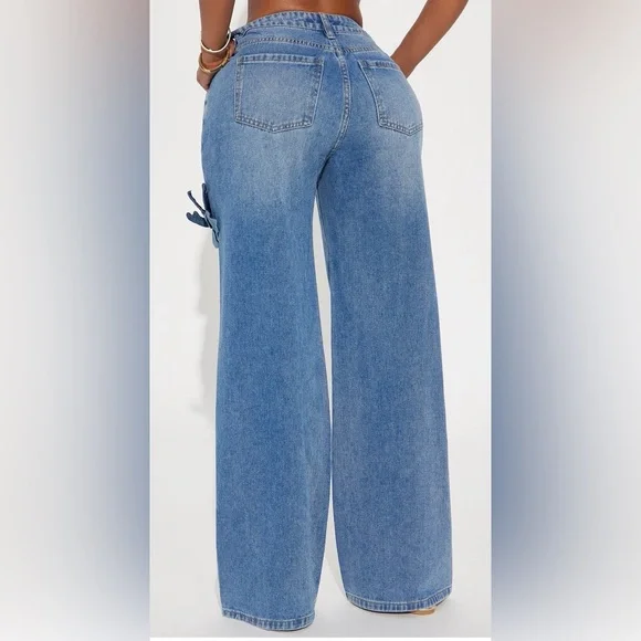 Fashion Nova Light Blue Wide-Leg High-Rise Jeans with Denim Floral Appliqués - Picture 2 of 2